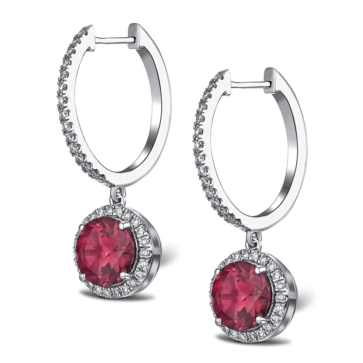 Astra 7.10ct Lab Ruby and Diamond Drop Halo Round Cut Earrings in Silver